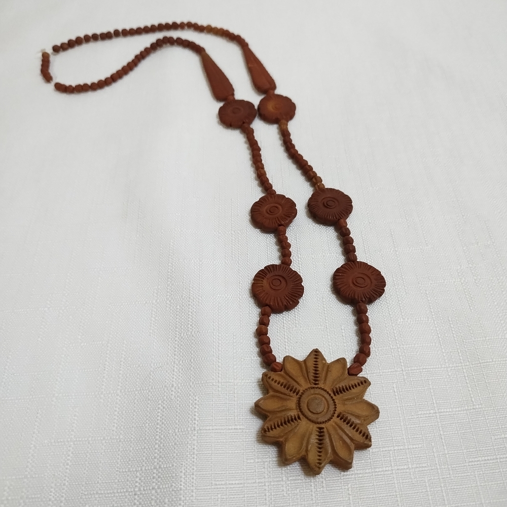 Handmade Clay Brown Beaded Necklace with Carved Crafted Floral Pendant